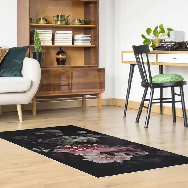 Wochenendangebot Blumen mit Nebel auf Schwarz Vinylteppich