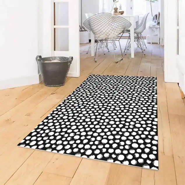 Weiße Tusche Polkadots auf Schwarz                               Vinylteppich Versand Am Gleichen Tag