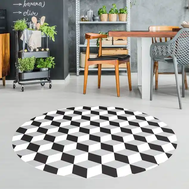 Aktuell Geometrischer Fliesenmix Würfel Schwarz Runder Vinyl-Teppich