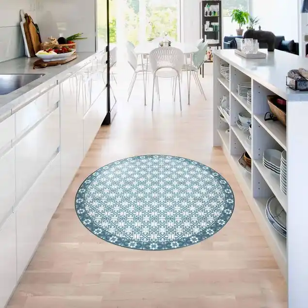 Abverkauf Geometrischer Fliesenmix Herzen Blaugrau Runder Vinyl-Teppich
