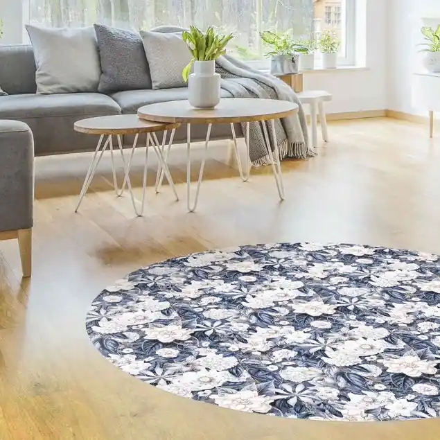 Weiße Blumen vor Blau Runder Vinyl-Teppich Günstig