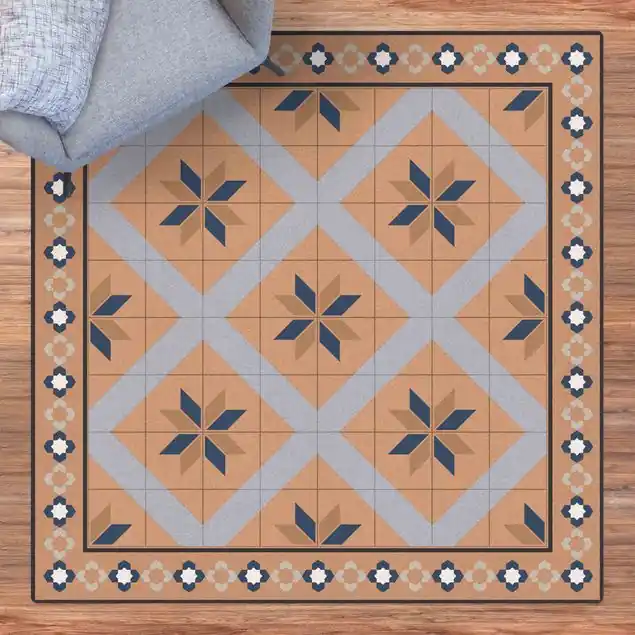 Aktuell Geometrische Fliesen Rautenblüte Taubenblau mit Bordüre Kork-Teppich