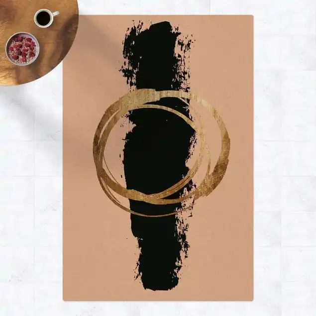 Abstrakte Formen - Gold und Schwarz Kork-Teppich Sonderangebot
