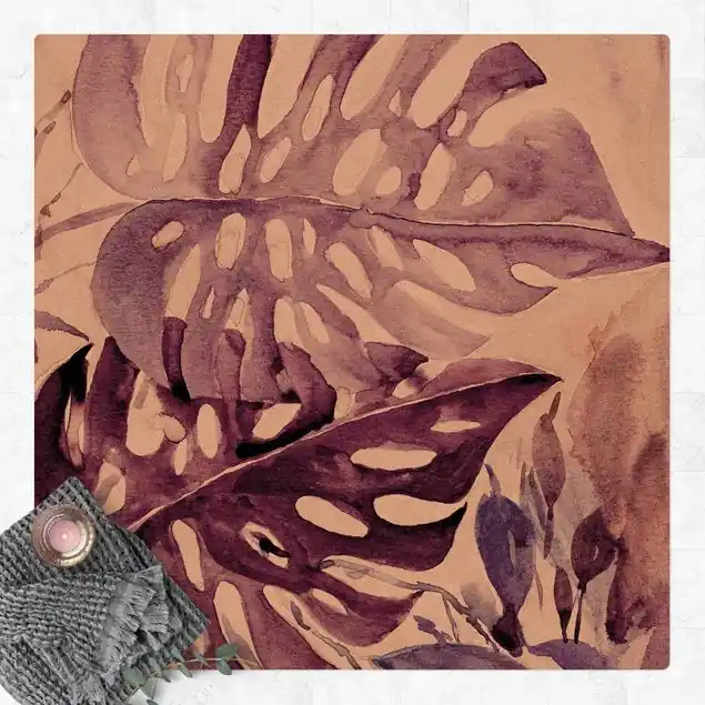 Zertifiziert Aquarell Tropische Blätter mit Monstera in Aubergine                               Kork-Teppich