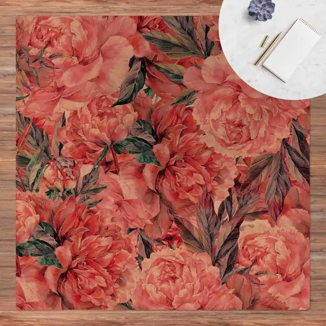 Zartes Aquarell Rote Pfingstrosen Muster Kork-Teppich Abverkauf
