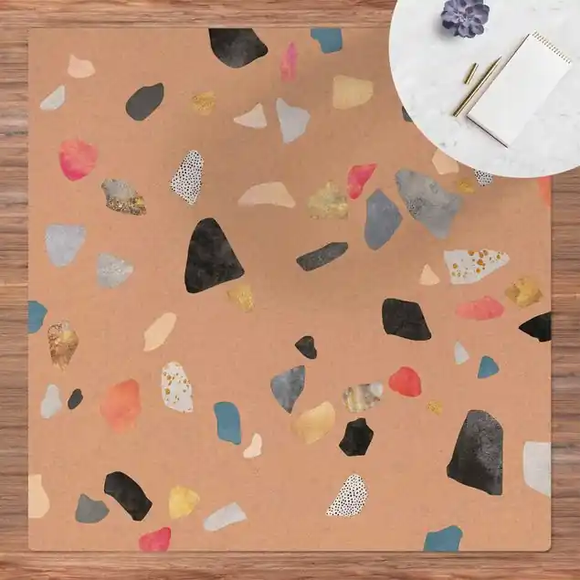 Weißer Terrazzo mit Goldsteinchen                               Kork-Teppich Rabatt