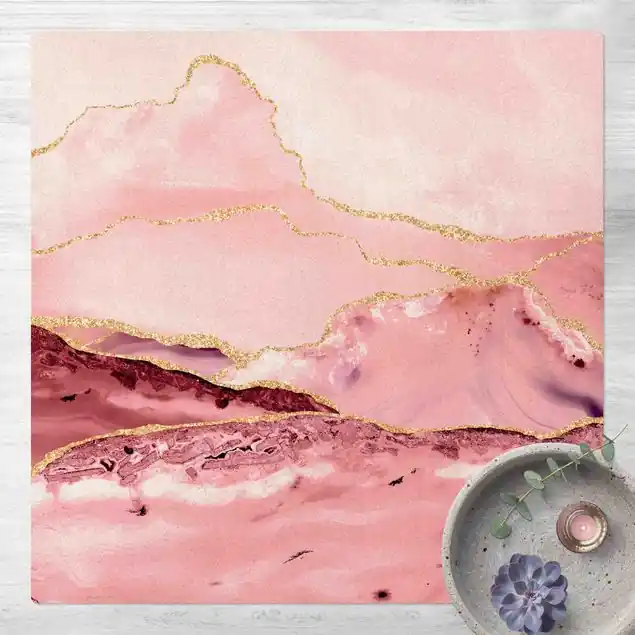 Abstrakte Berge Rosa mit Goldenen Linien Kork-Teppich Preisreduziert