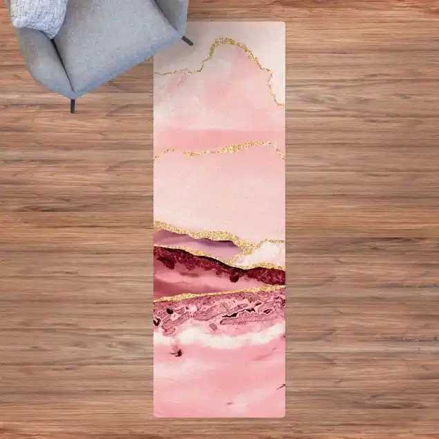 Abstrakte Berge Rosa mit Goldenen Linien Kork-Teppich Echt