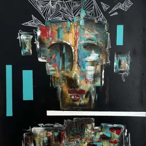 abstract portrait in front of black with a geometric head and turquoise/ white stripes Neu Im Sortiment