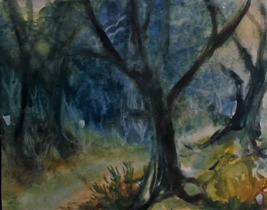 „Studie – Wald als geheimnisvoller Ort“ (1/2) Aquarellfarben, Papier (35cm x 25cm) Neu Im Sortiment